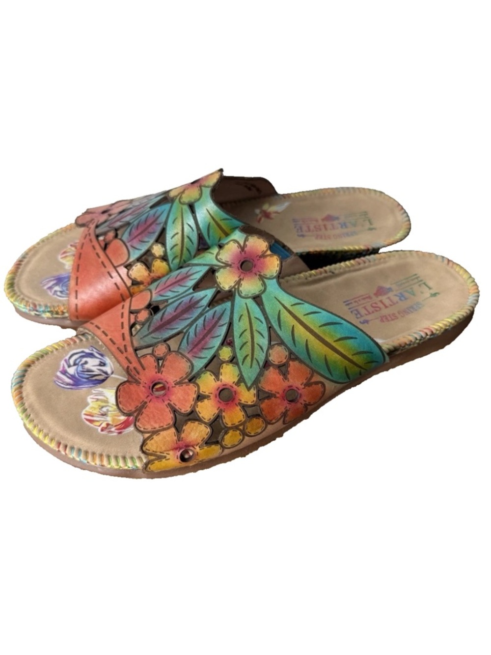 L'Artiste Soloa Spring Step Sandals Size 41 US 9.5 10 Slip On Leather Floral